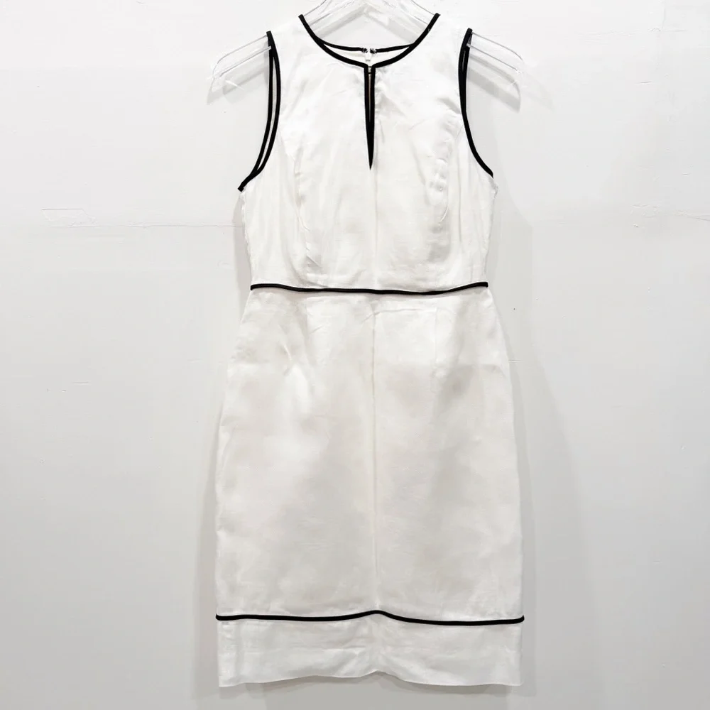 J. Crew Linen Herringbone Sheath Dress Black Contrast Piping Trim Sleeveless 4